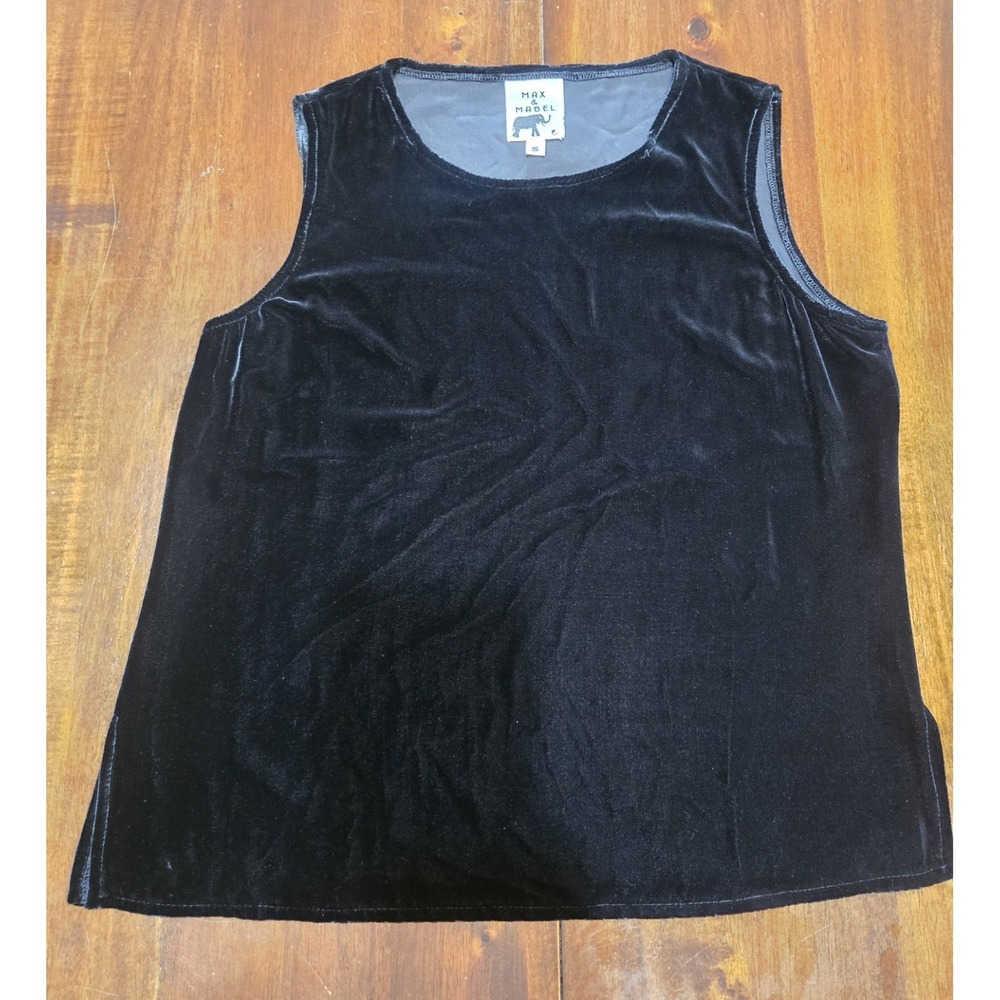Vtg Max & Mabel Velvet Sleeveless Shirt Womens Small Silk/Rayon Black Minimalist